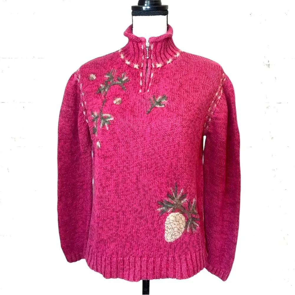 VTG Y2K 90s Coldwater Creek 1/4 Zip Fall Embroidered Sweater Size M Cabincore